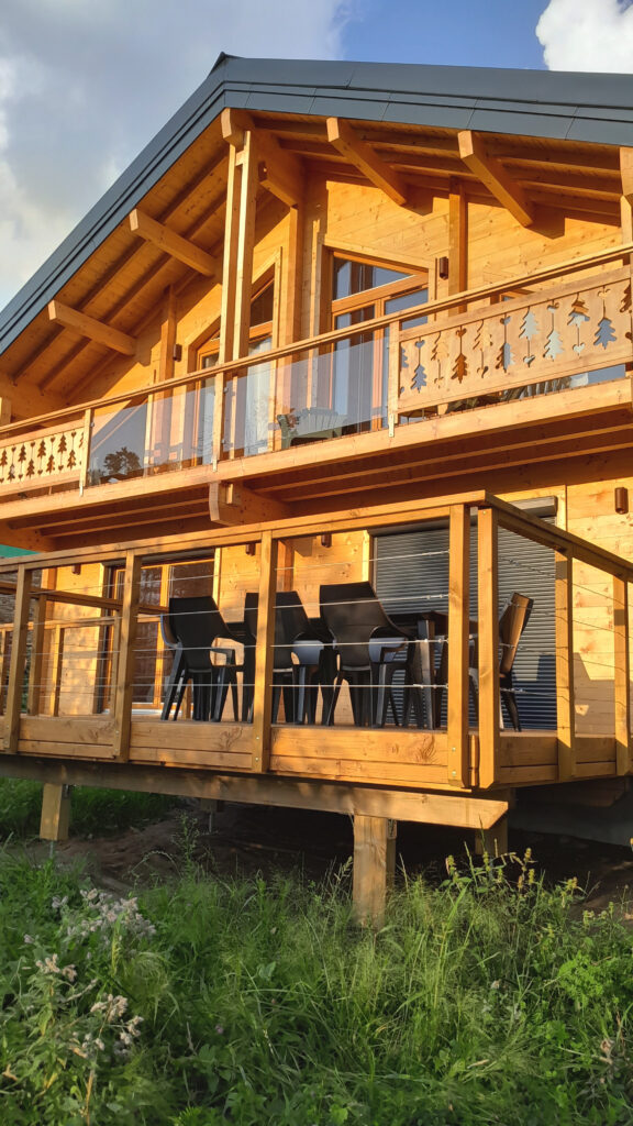 Vue de la façade ensoleillée du chalet La Godille, entouré par la forêt avec vue sur la montagne depuis la terrasse.